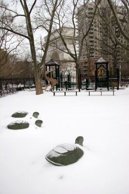Turtle Sculpture Pieces in a Sea of Snow with Arch View