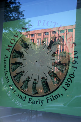 NYU Library Reflected in Grey Gallery Moving Picture Show Exhibit Window