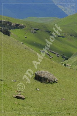 Sandstone boulders line the grassy slopes like bones cast aside