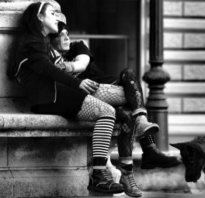 two girls and a dog