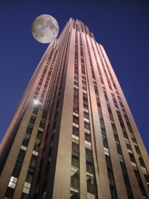 GE bulding with moon Rockerfella Plaza NYC