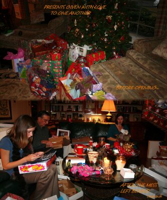 BEFORE THE PRESENTS WERE LOVELY AND CREATED A NICE SCENE....AFTERWARDS IT LOOKED LIKE A PAPER BOMB BLEW UP IN THE LIVING ROOM!