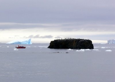 One of the Polarcirkel boats approaching a rock full of cormorants