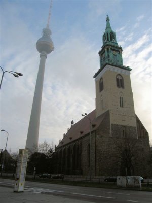 TV tower and 13th century Marienkirche (St Mary's church) considered Berlin's 2nd oldest church after the Nikolaikirche