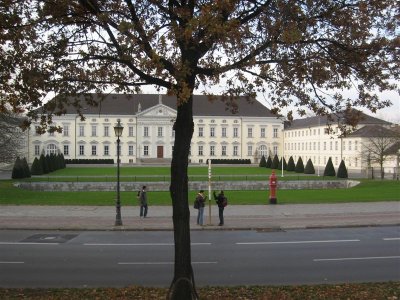freshly renovated, chalk white, neiclassical palace is the official residence of the German president