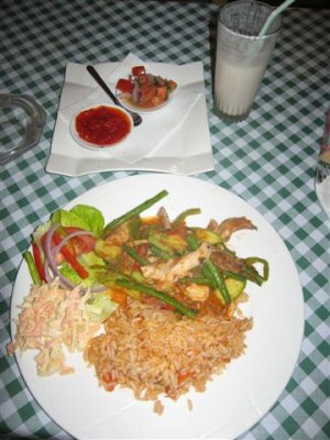 spicey chicken stew with mexician rice and salsa 40D, strawberry smoothie 15D, Tiramasu 15D