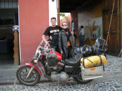 Two Americans from Wisconsin on a Harley!! in Antigua, Guatemala.