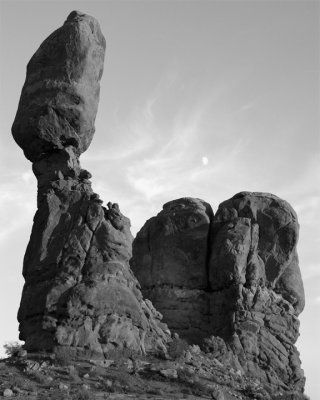 Balanced Rock at Sunset with Moon Rising Black and White.jpg