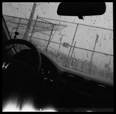 In Elfa's car, waiting for the rain to stop
