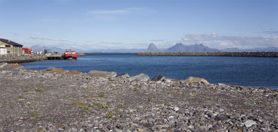 The Naustholmen harbor, with a fish factory boat.   