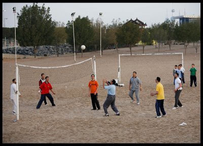 Early morning volleyboll game outside Green Island Park