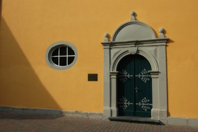 The back door to a small church...