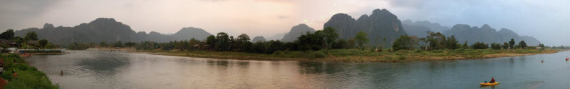 Panoramic View of Nam Song River and its Limestone Karst Terrain (Vang Vieng, Laos)