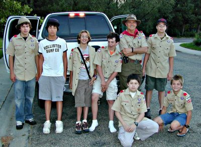 Leaving for Camp Morrison: Jordan, Taylor, Sam, Garrett, Scoutmaster Garner, Alex, Dillon, Andrew