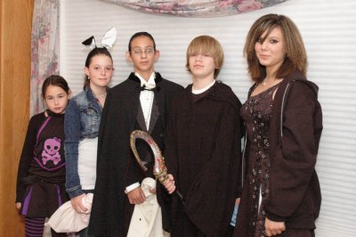 Halloween with Dracula Sam, Grim Reaper Sean, Elena the Rabbit and Elena's 2 sisters