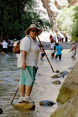 Eva at the river cross in Zion Canyon at the beginning of the Slots Hike with Sam