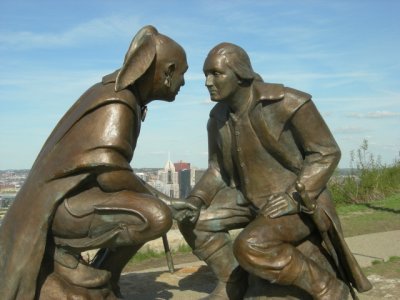 Jim Wests Point Of View sculpture captures a pivotal moment between George Washington and Guyasuta, leader of the Mingos
