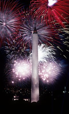 Fourth of July fireworks behind the Washington Monument
