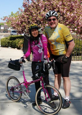 Bike Friday's roving ambassador, Lynette Chiang with Bike Friday Club of NY member, John Chiarella at the Statue of Civic Virtue in Kew Gardens, Queens, NYC