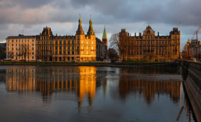 Storvet and bridge reflection lake Sortedam