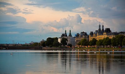 Søtorvet and cloudscape after sunset at Lake Peblinge