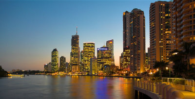 Brisbane Eagle Street Pier and highrises at dusk cityscape