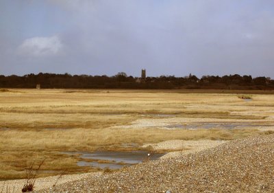 Dunwich marsh - derelict mill centre left, Walberswick church on horizon