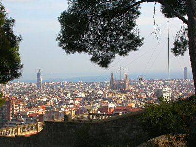 From above Park Guell with Sagrada Familia the central and dominant feature