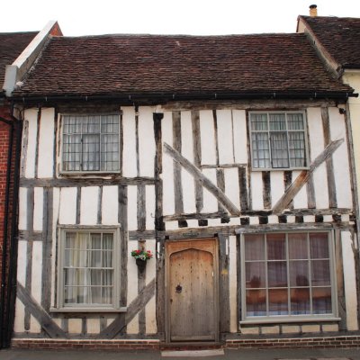 Coggeshall house with exposed timbers - probably the original form with hall at left and solar right