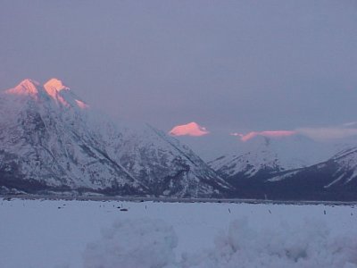 Sunrise on the Chugach Mountains, from Hope Alaska