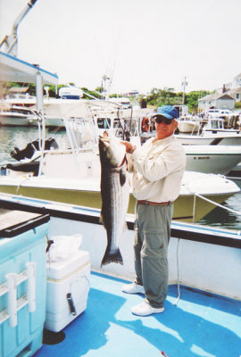 Andy with a large striped bass , Block Island 2007 001.jpg