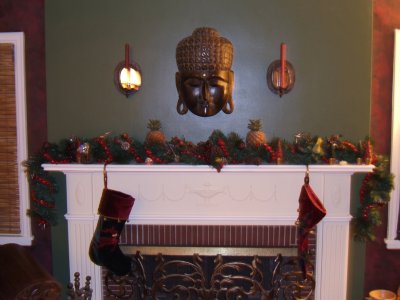 Fireplace at Christmas 2006 - a very Buddha Christmas