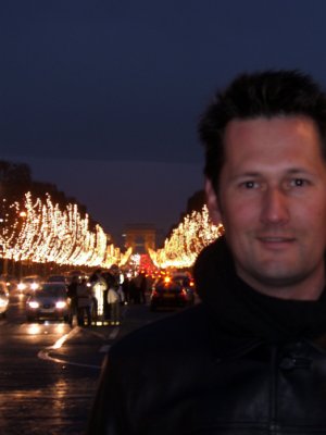 Justin at Place de la Concorde again, with Ave. Charles de Gaulle in the background