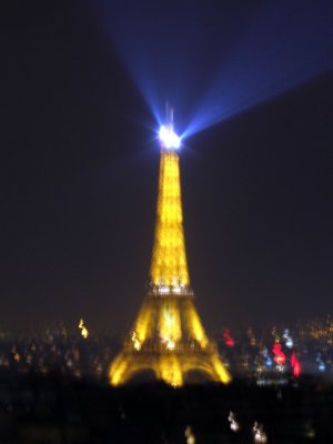 From the top of the Arc de Triumph, the Eiffel Tower at night. I think we were so cold, we couldn't keep the camera still!