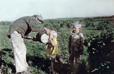 Hired Hand Bill Stevens Giving Toots a Drink From His Water Barrel