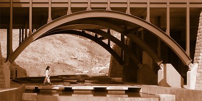 warm water under a red bridge