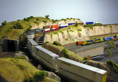 Intermodal train passing over the yard leads below