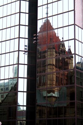 Church reflected in the Hancock Tower