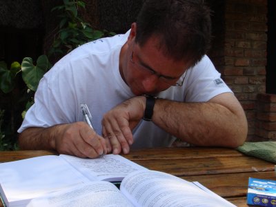 Stephen writing his journal at Nyala Lodge.JPG