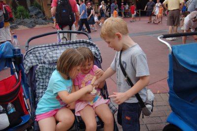 Taking a break and sharing a cold treat with Jaden