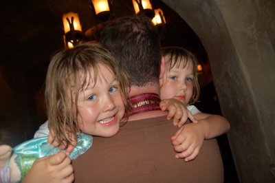 Daddy giving up a lift into the pirates of caribbean ride