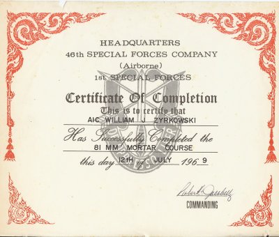 81 MM Mortar Course Certificate of Completion