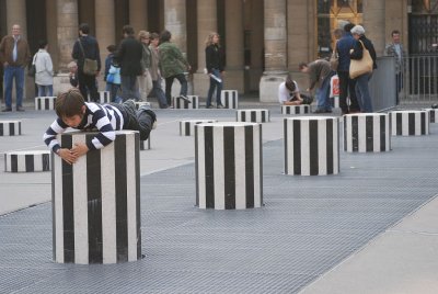 Striped black and white.