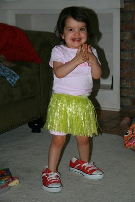 Evie's grass skirt and Momma's shoes