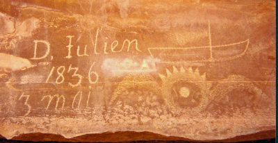  D. Julien beat John Powell's Group by 33 years and signed his name on the way down the river. Only three of his signings are still left. ( Lake Powell Covered A few up) He always signed like this shot I took paddling the Green River in April 2001
