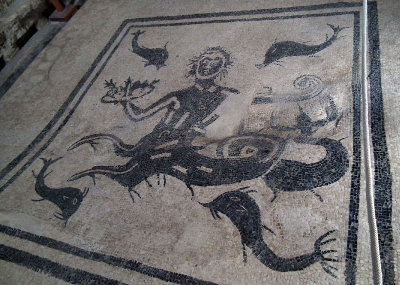 Floor mosaic in ladies bath house (Triton and dolphins)