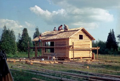Roofing the cabin with hand-split cedar shakes