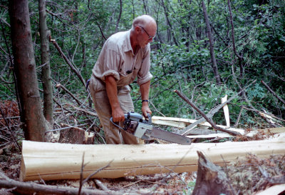 Magnus shapes a log (the ridgepole?)