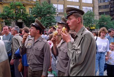 Prague Spring soldiers with ice cream Wenceslaus Square