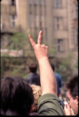 Victory Sign during election demonstration Spring 1990 Prague